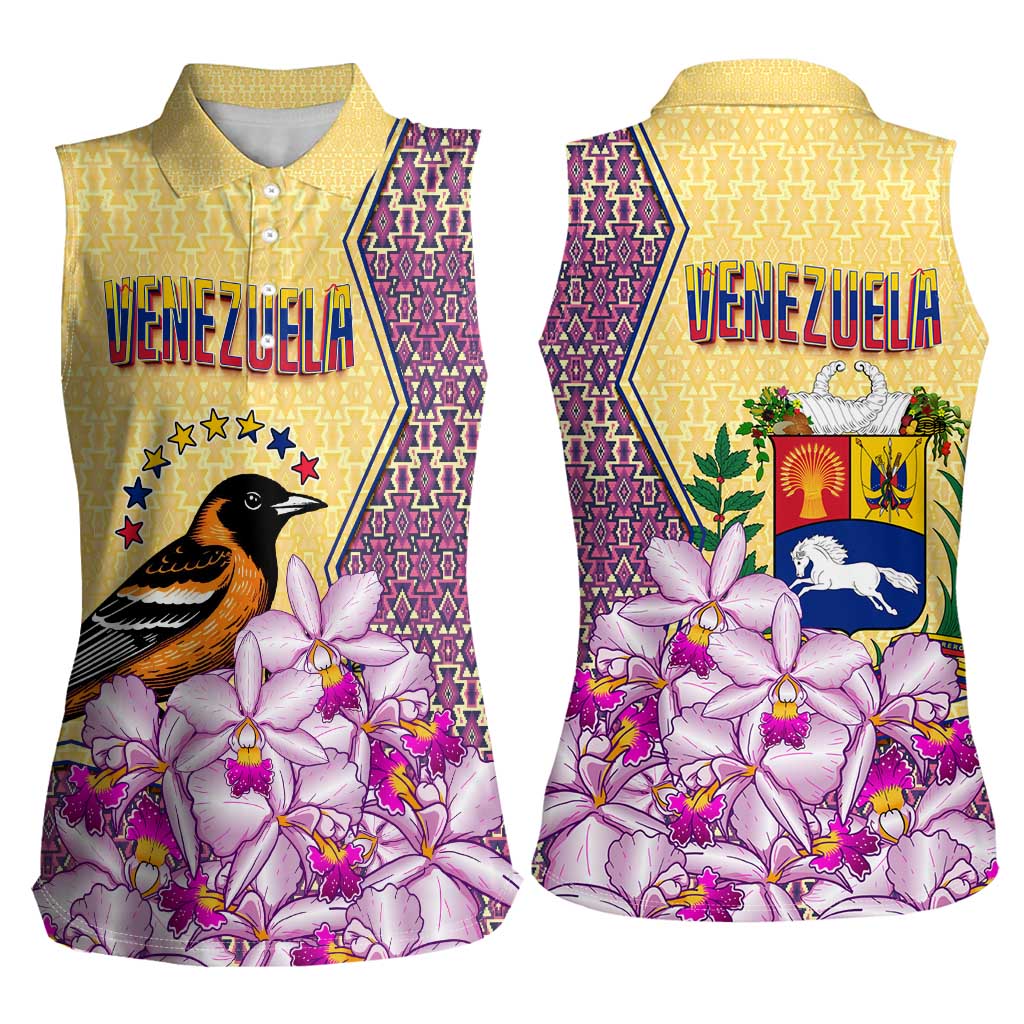 Venezuela Women Sleeveless Polo Shirt with National Bird Orchid Flower Coat of Arms Spirit