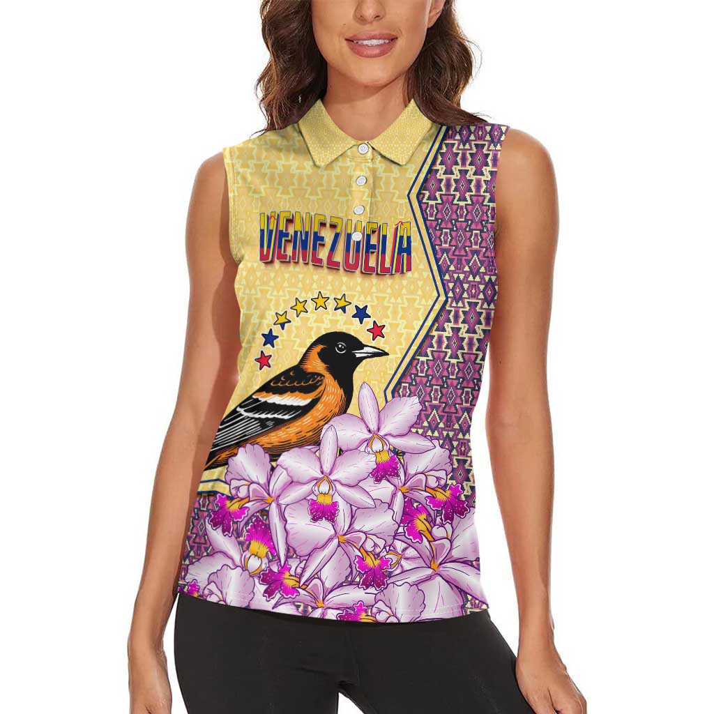 Venezuela Women Sleeveless Polo Shirt with National Bird Orchid Flower Coat of Arms Spirit