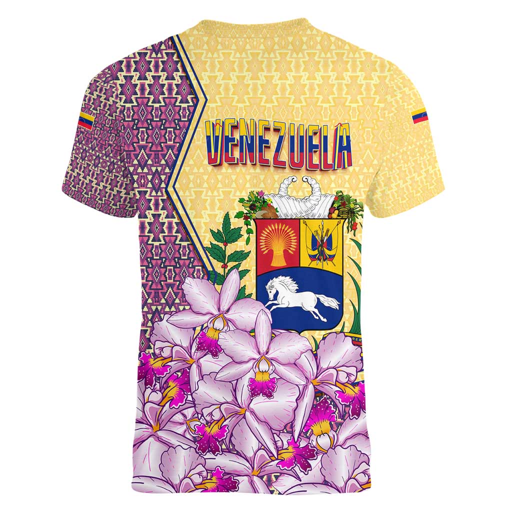 Venezuela Women V-Neck T-Shirt with National Bird Orchid Flower Coat of Arms Spirit