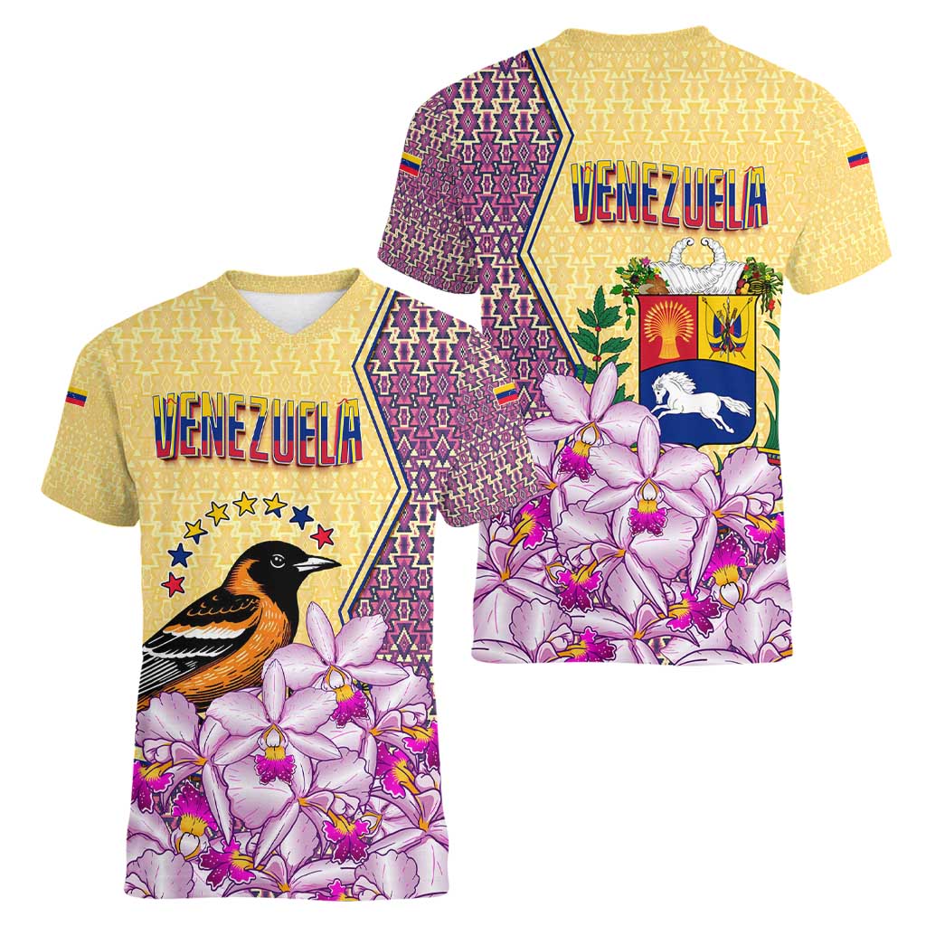 Venezuela Women V-Neck T-Shirt with National Bird Orchid Flower Coat of Arms Spirit