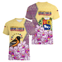 Venezuela Women V-Neck T-Shirt with National Bird Orchid Flower Coat of Arms Spirit