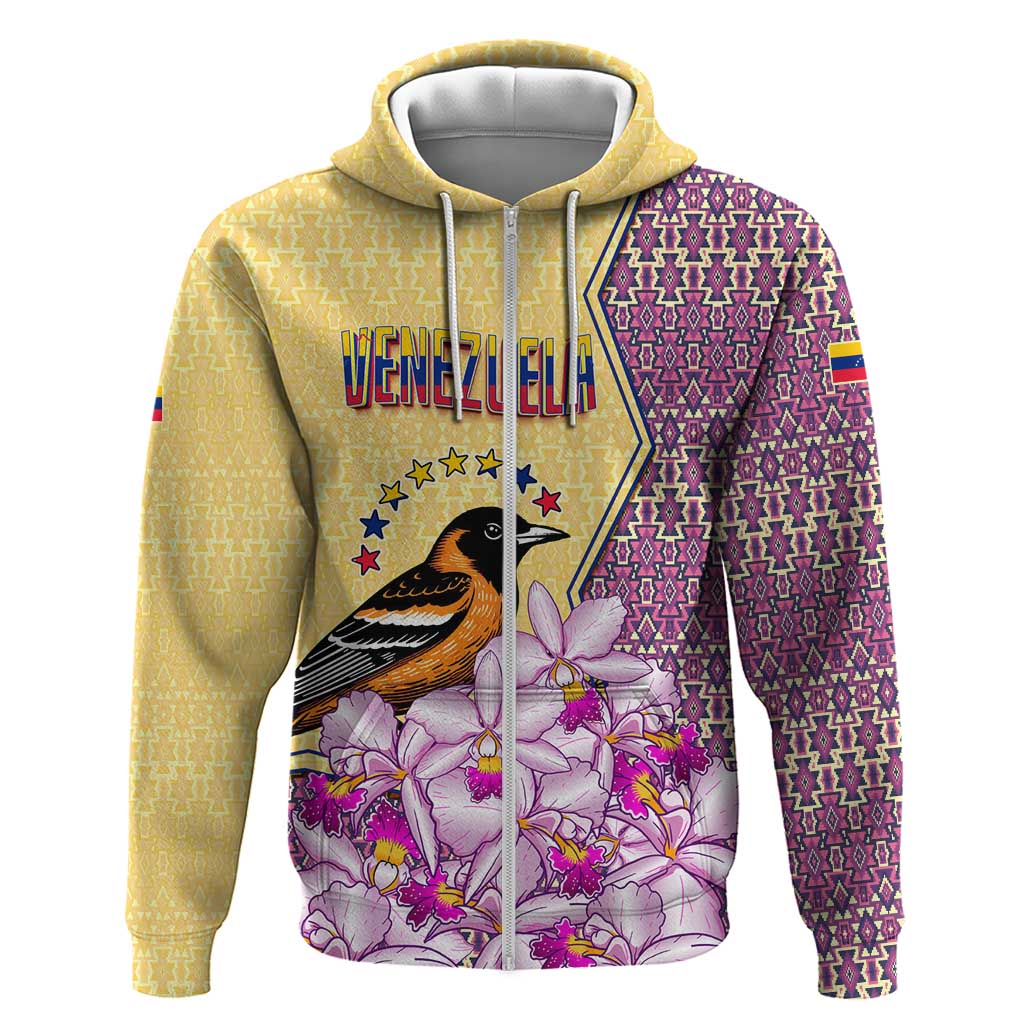 Venezuela Zip Hoodie with National Bird Orchid Flower Coat of Arms Spirit