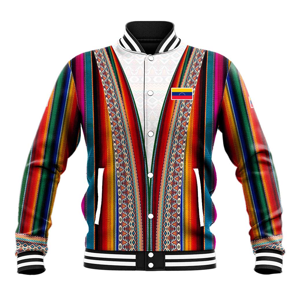 Venezuela Baseball Jacket with Andean Multicolor Woven Textile Stripe Spirit