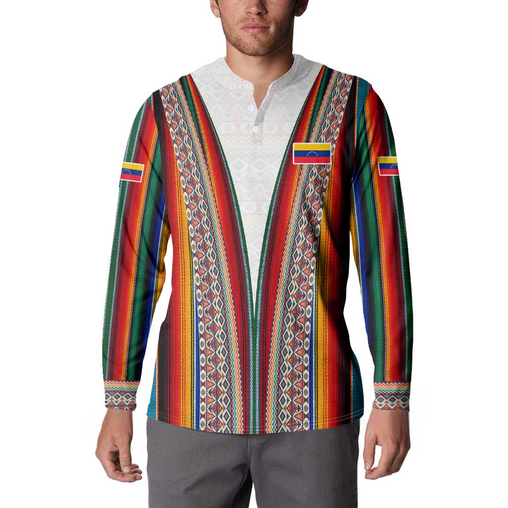 Venezuela Button Sweatshirt with Andean Multicolor Woven Textile Stripe Spirit