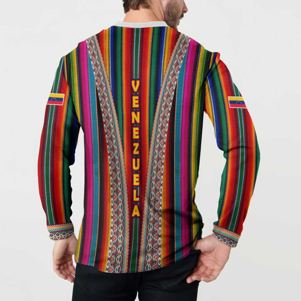Venezuela Button Sweatshirt with Andean Multicolor Woven Textile Stripe Spirit