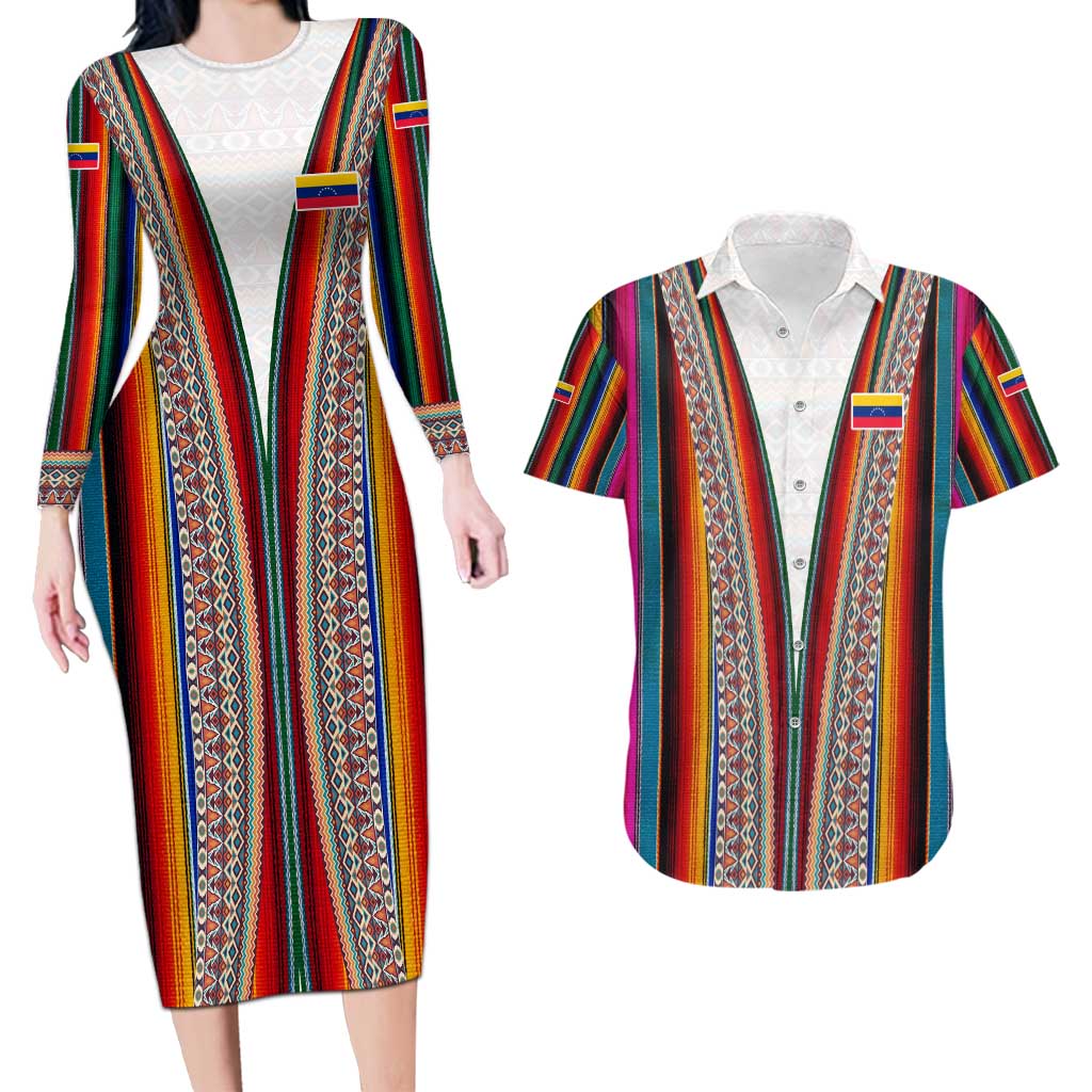 Venezuela Couples Matching Long Sleeve Bodycon Dress and Hawaiian Shirt with Andean Multicolor Woven Textile Stripe Spirit