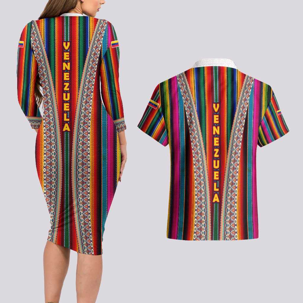 Venezuela Couples Matching Long Sleeve Bodycon Dress and Hawaiian Shirt with Andean Multicolor Woven Textile Stripe Spirit