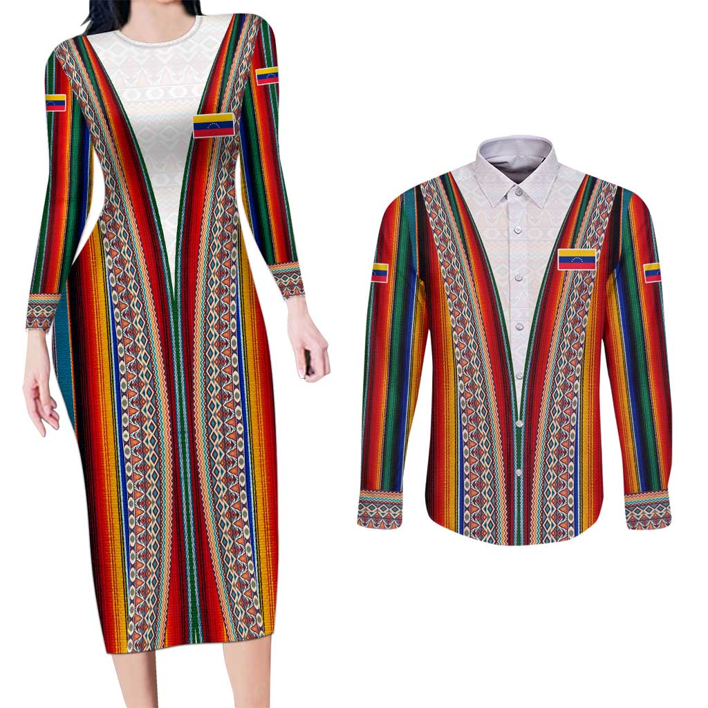 Venezuela Couples Matching Long Sleeve Bodycon Dress and Long Sleeve Button Shirt with Andean Multicolor Woven Textile Stripe Spirit