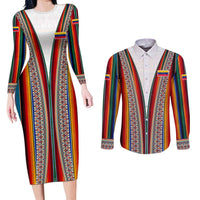 Venezuela Couples Matching Long Sleeve Bodycon Dress and Long Sleeve Button Shirt with Andean Multicolor Woven Textile Stripe Spirit