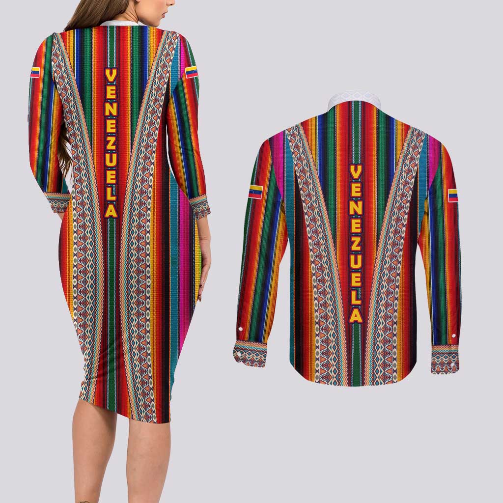 Venezuela Couples Matching Long Sleeve Bodycon Dress and Long Sleeve Button Shirt with Andean Multicolor Woven Textile Stripe Spirit