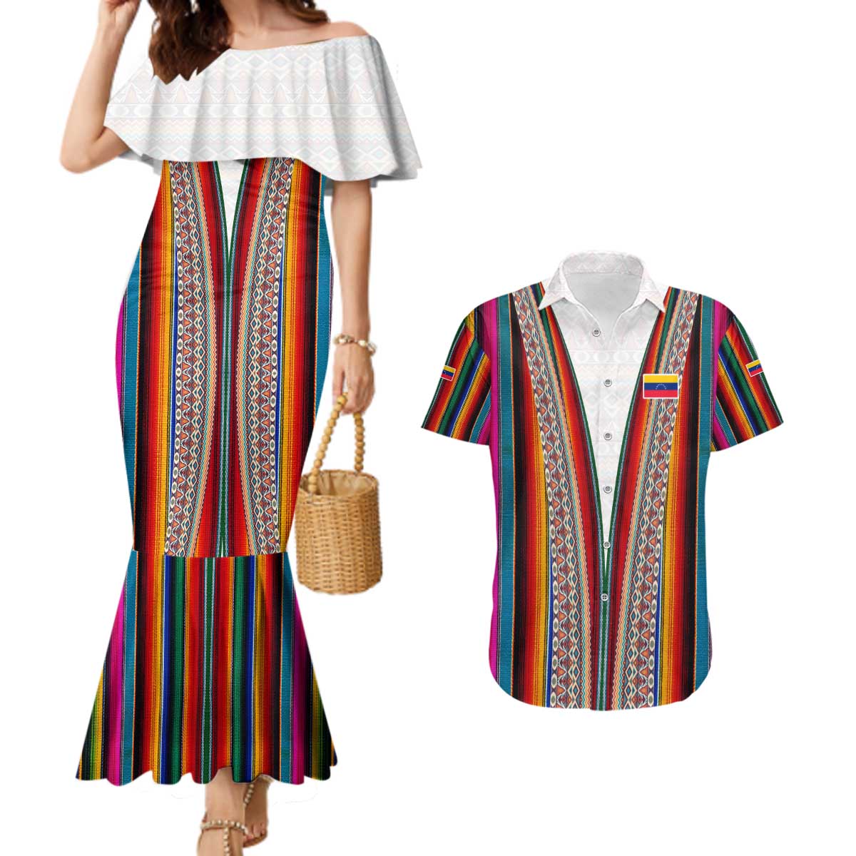 Venezuela Couples Matching Mermaid Dress and Hawaiian Shirt with Andean Multicolor Woven Textile Stripe Spirit
