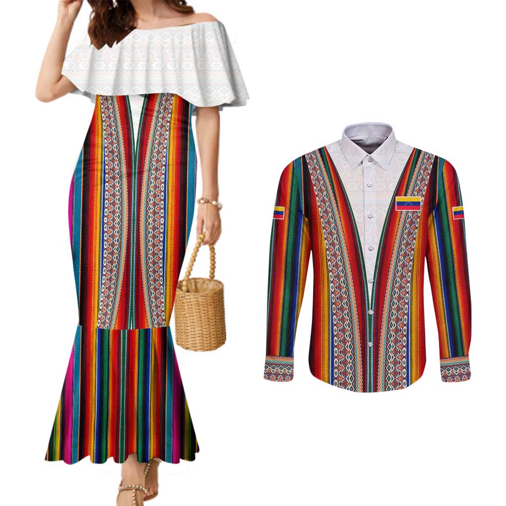 Venezuela Couples Matching Mermaid Dress and Long Sleeve Button Shirt with Andean Multicolor Woven Textile Stripe Spirit