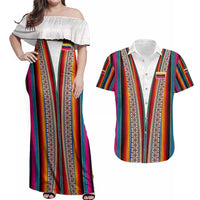 Venezuela Couples Matching Off Shoulder Maxi Dress and Hawaiian Shirt with Andean Multicolor Woven Textile Stripe Spirit