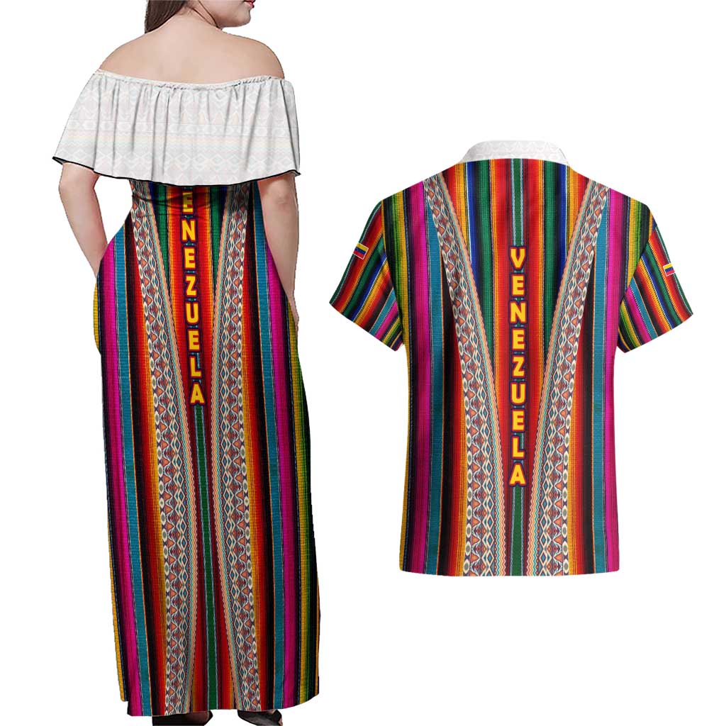Venezuela Couples Matching Off Shoulder Maxi Dress and Hawaiian Shirt with Andean Multicolor Woven Textile Stripe Spirit