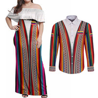 Venezuela Couples Matching Off Shoulder Maxi Dress and Long Sleeve Button Shirt with Andean Multicolor Woven Textile Stripe Spirit