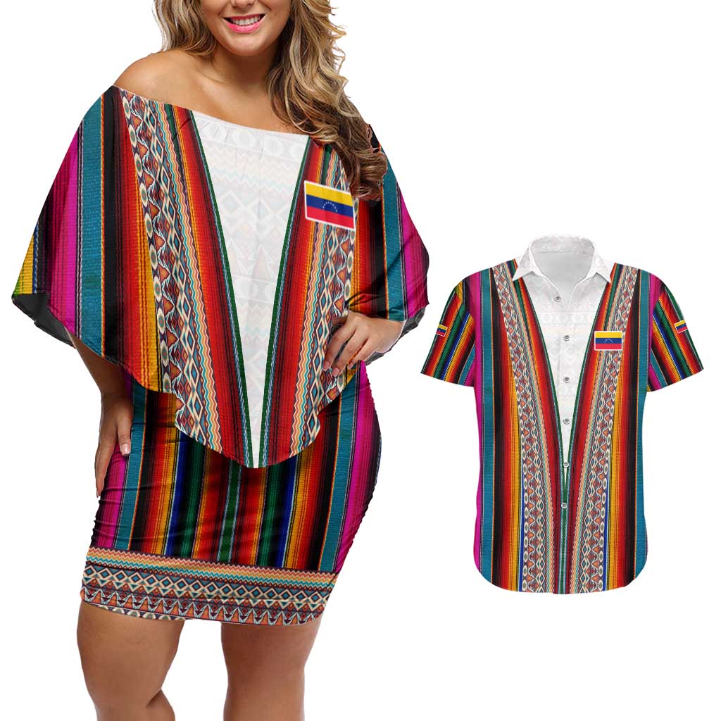 Venezuela Couples Matching Off Shoulder Short Dress and Hawaiian Shirt with Andean Multicolor Woven Textile Stripe Spirit