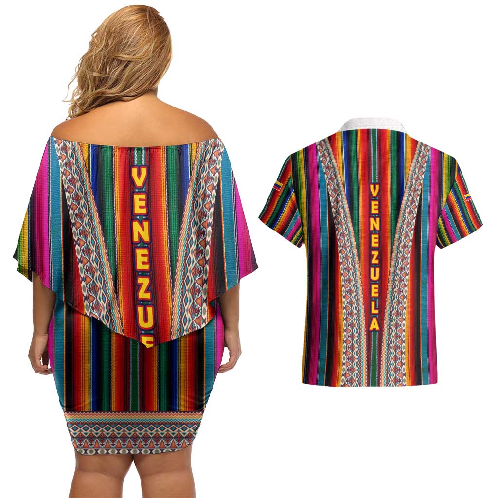 Venezuela Couples Matching Off Shoulder Short Dress and Hawaiian Shirt with Andean Multicolor Woven Textile Stripe Spirit