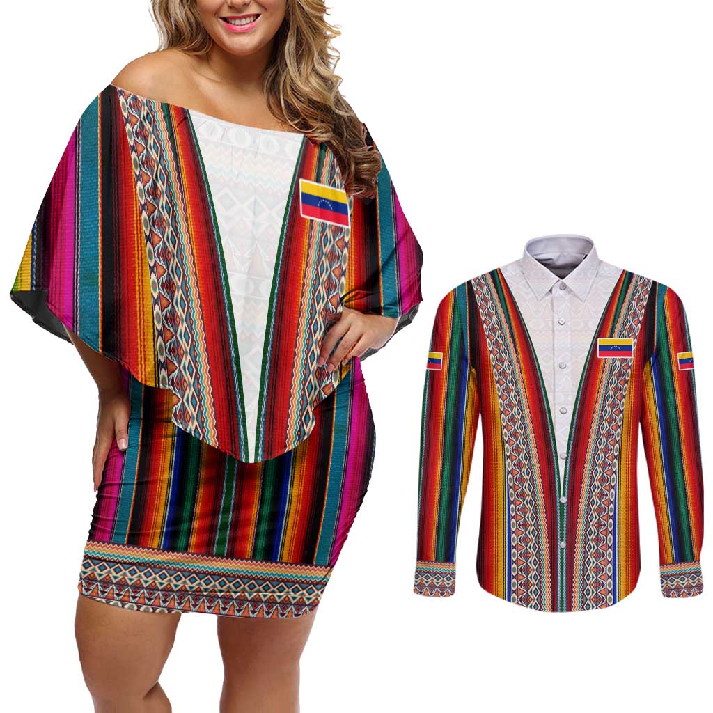 Venezuela Couples Matching Off Shoulder Short Dress and Long Sleeve Button Shirt with Andean Multicolor Woven Textile Stripe Spirit