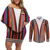 Venezuela Couples Matching Off Shoulder Short Dress and Long Sleeve Button Shirt with Andean Multicolor Woven Textile Stripe Spirit