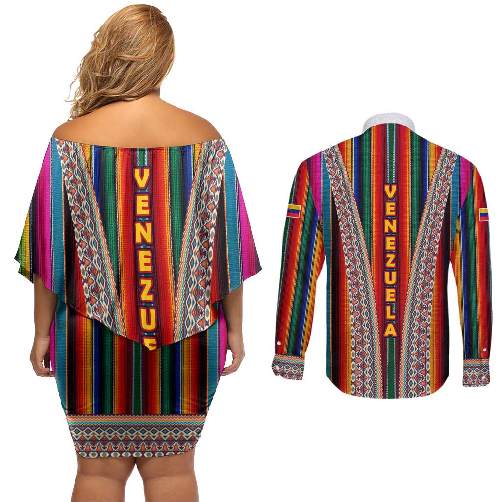 Venezuela Couples Matching Off Shoulder Short Dress and Long Sleeve Button Shirt with Andean Multicolor Woven Textile Stripe Spirit