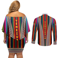 Venezuela Couples Matching Off Shoulder Short Dress and Long Sleeve Button Shirt with Andean Multicolor Woven Textile Stripe Spirit