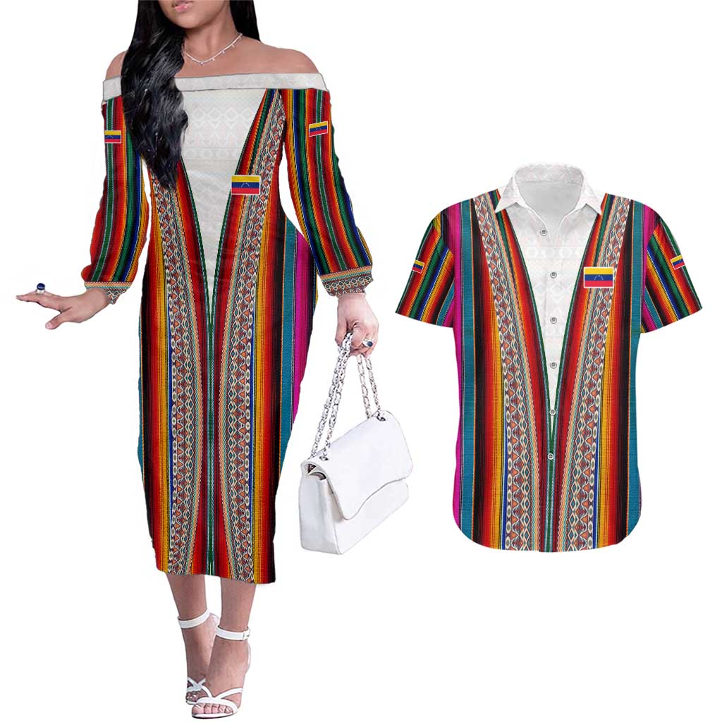 Venezuela Couples Matching Off The Shoulder Long Sleeve Dress and Hawaiian Shirt with Andean Multicolor Woven Textile Stripe Spirit