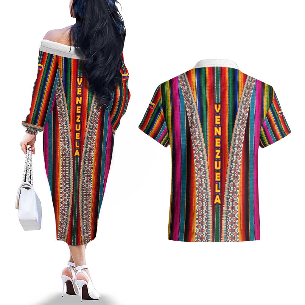 Venezuela Couples Matching Off The Shoulder Long Sleeve Dress and Hawaiian Shirt with Andean Multicolor Woven Textile Stripe Spirit