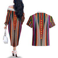 Venezuela Couples Matching Off The Shoulder Long Sleeve Dress and Hawaiian Shirt with Andean Multicolor Woven Textile Stripe Spirit