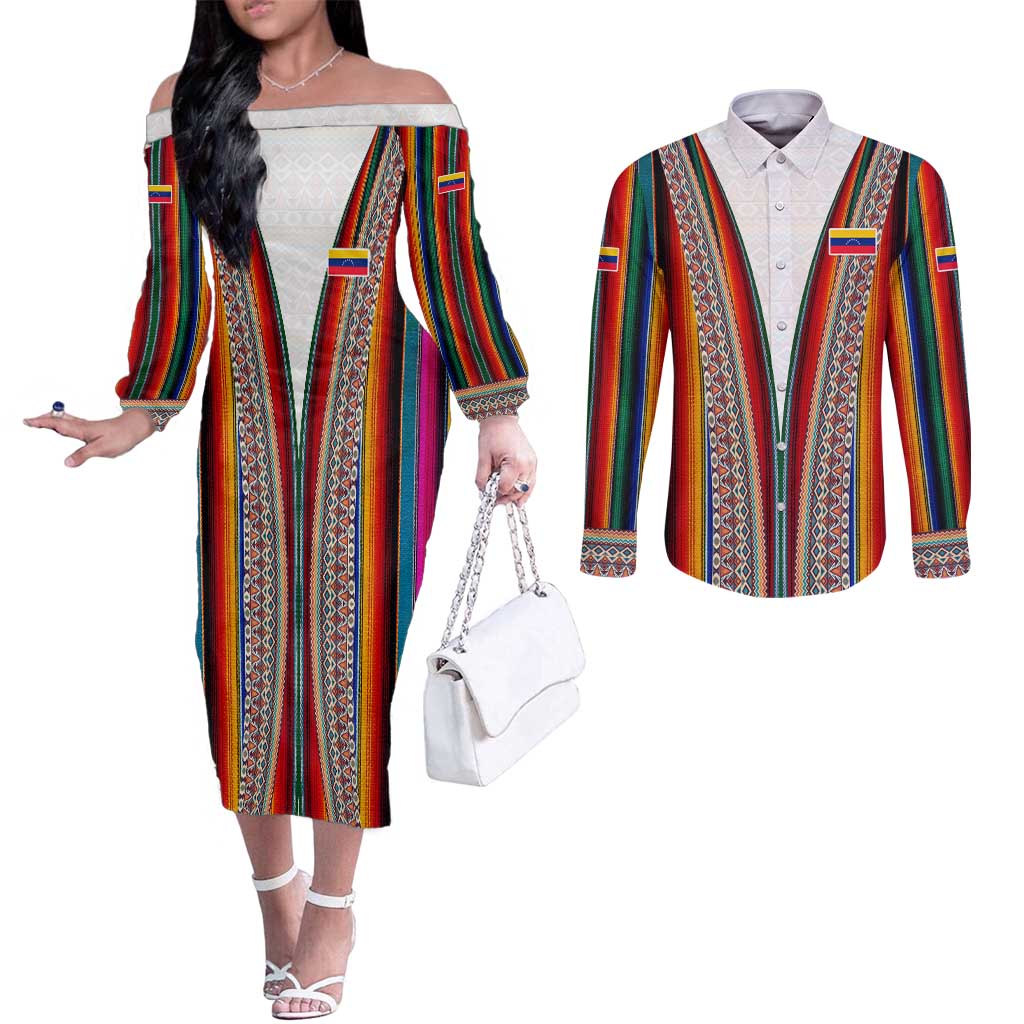 Venezuela Couples Matching Off The Shoulder Long Sleeve Dress and Long Sleeve Button Shirt with Andean Multicolor Woven Textile Stripe Spirit