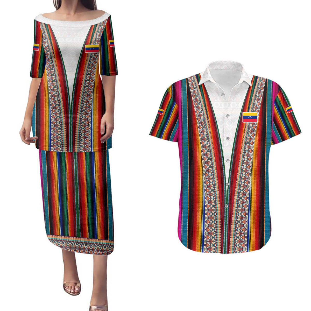 Venezuela Couples Matching Puletasi and Hawaiian Shirt with Andean Multicolor Woven Textile Stripe Spirit