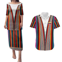 Venezuela Couples Matching Puletasi and Hawaiian Shirt with Andean Multicolor Woven Textile Stripe Spirit