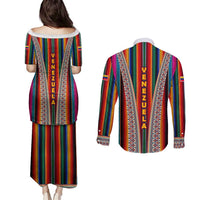 Venezuela Couples Matching Puletasi and Long Sleeve Button Shirt with Andean Multicolor Woven Textile Stripe Spirit