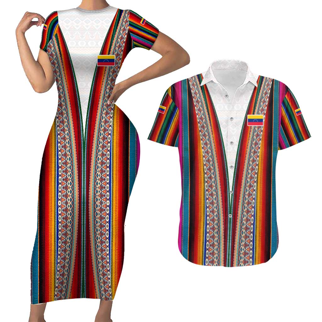 Venezuela Couples Matching Short Sleeve Bodycon Dress and Hawaiian Shirt with Andean Multicolor Woven Textile Stripe Spirit