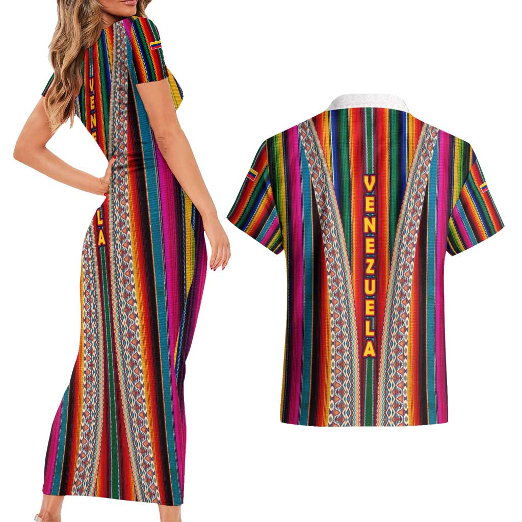 Venezuela Couples Matching Short Sleeve Bodycon Dress and Hawaiian Shirt with Andean Multicolor Woven Textile Stripe Spirit