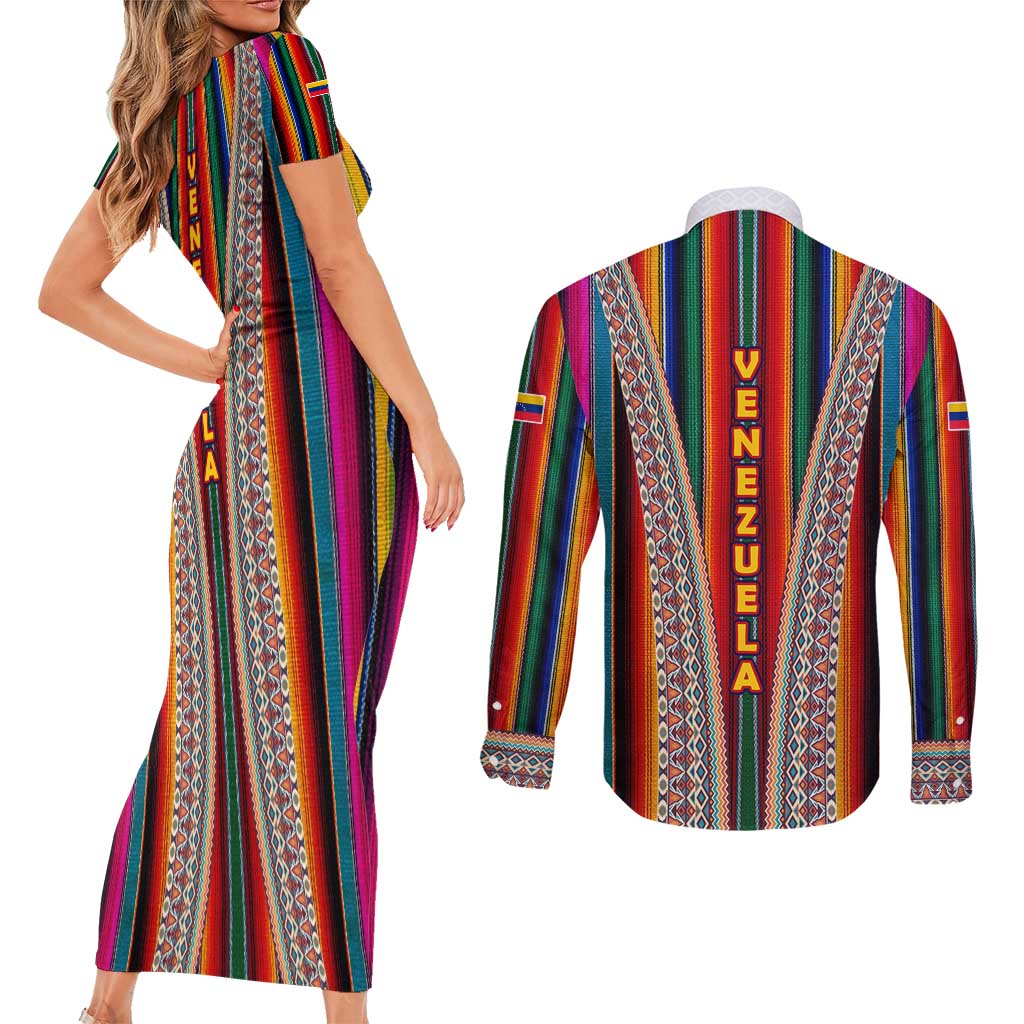 Venezuela Couples Matching Short Sleeve Bodycon Dress and Long Sleeve Button Shirt with Andean Multicolor Woven Textile Stripe Spirit