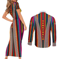 Venezuela Couples Matching Short Sleeve Bodycon Dress and Long Sleeve Button Shirt with Andean Multicolor Woven Textile Stripe Spirit