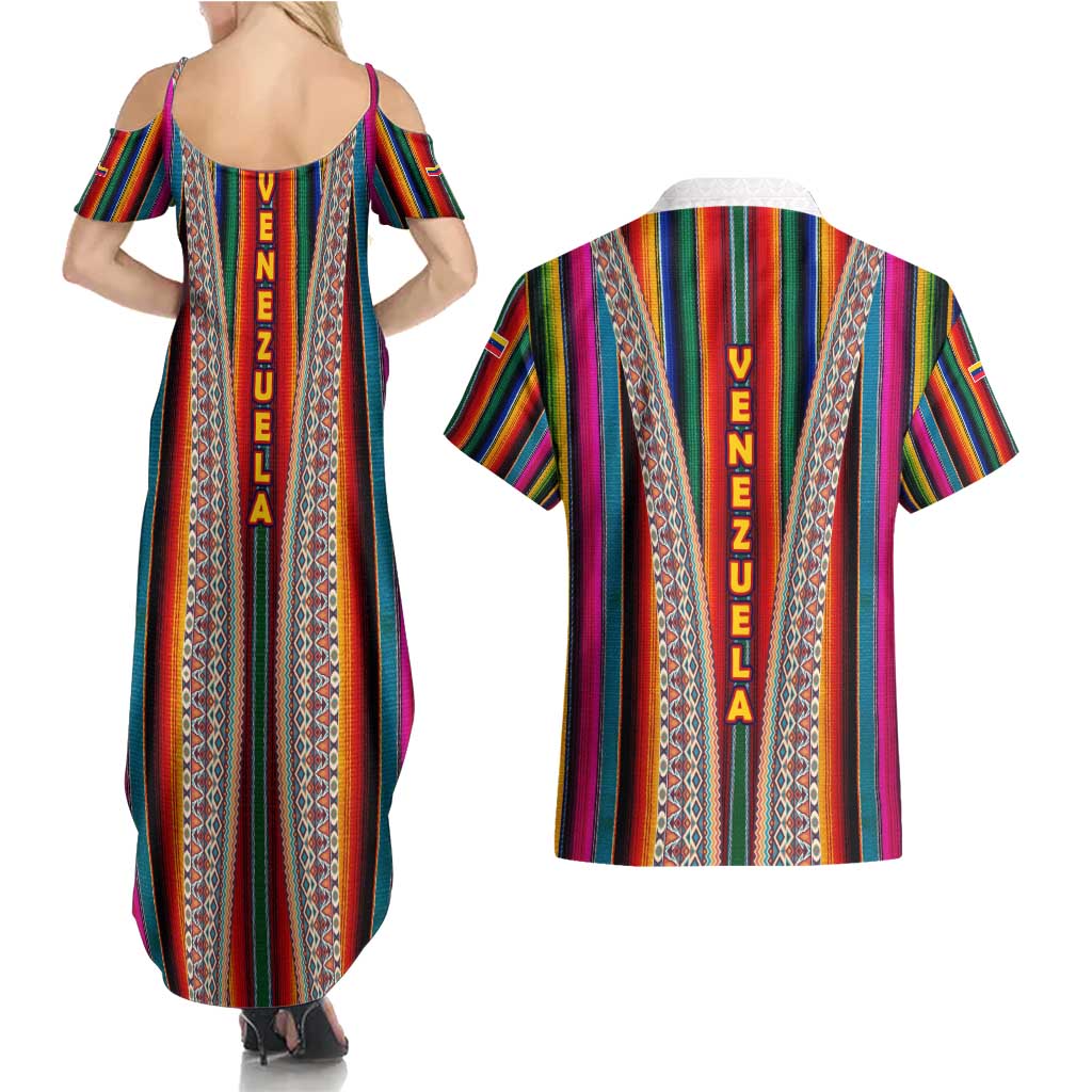 Venezuela Couples Matching Summer Maxi Dress and Hawaiian Shirt with Andean Multicolor Woven Textile Stripe Spirit