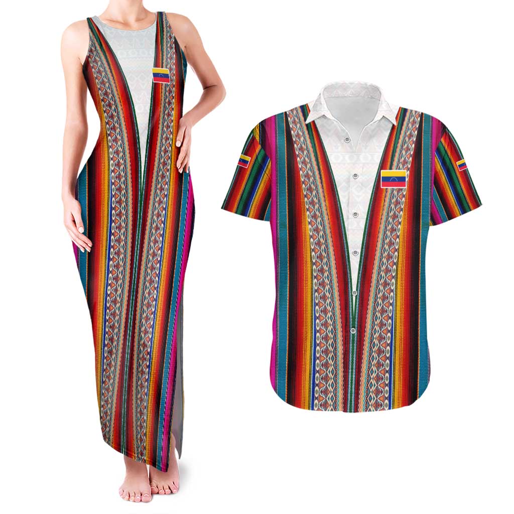 Venezuela Couples Matching Tank Maxi Dress and Hawaiian Shirt with Andean Multicolor Woven Textile Stripe Spirit