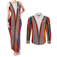 Venezuela Couples Matching Tank Maxi Dress and Long Sleeve Button Shirt with Andean Multicolor Woven Textile Stripe Spirit