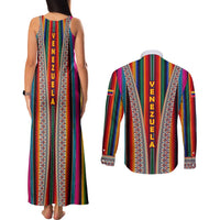 Venezuela Couples Matching Tank Maxi Dress and Long Sleeve Button Shirt with Andean Multicolor Woven Textile Stripe Spirit