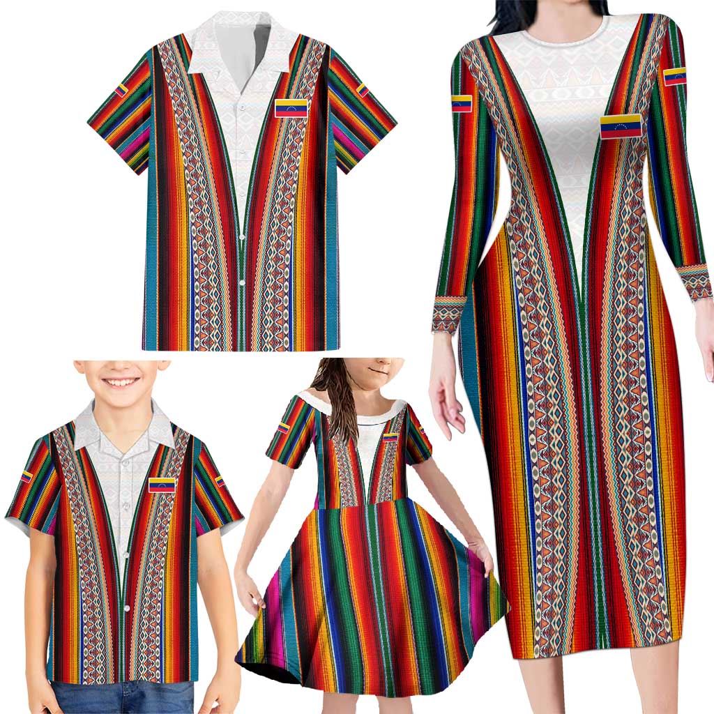 Venezuela Family Matching Long Sleeve Bodycon Dress and Hawaiian Shirt with Andean Multicolor Woven Textile Stripe Spirit