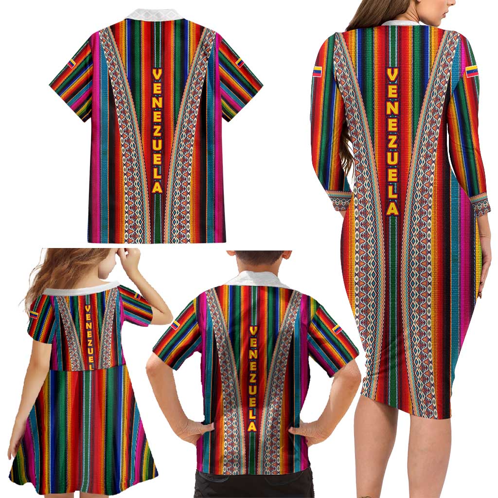 Venezuela Family Matching Long Sleeve Bodycon Dress and Hawaiian Shirt with Andean Multicolor Woven Textile Stripe Spirit