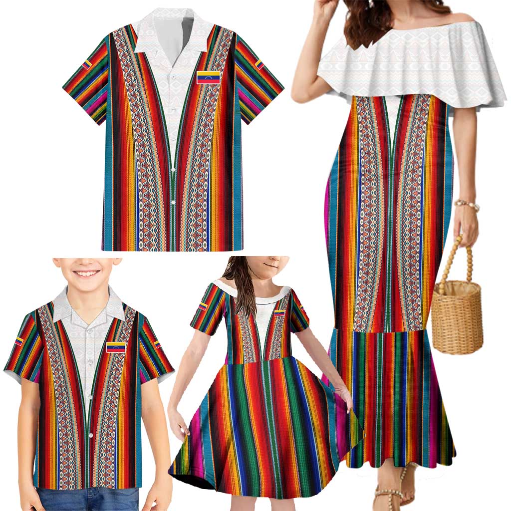 Venezuela Family Matching Mermaid Dress and Hawaiian Shirt with Andean Multicolor Woven Textile Stripe Spirit