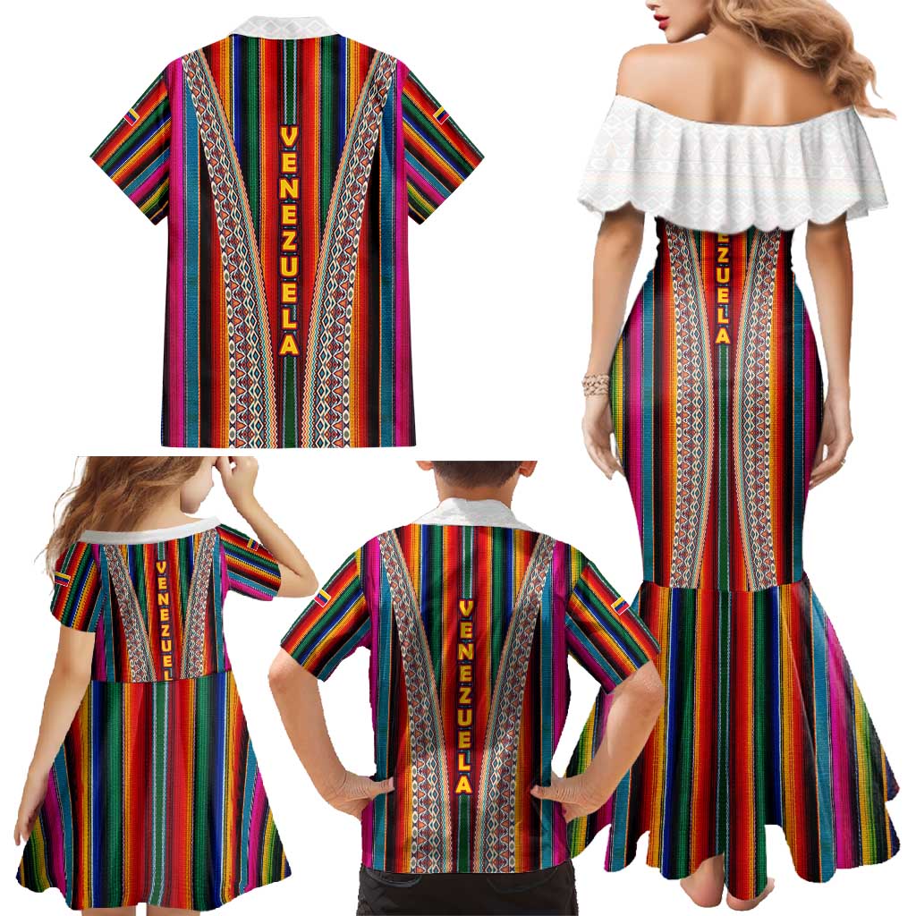 Venezuela Family Matching Mermaid Dress and Hawaiian Shirt with Andean Multicolor Woven Textile Stripe Spirit