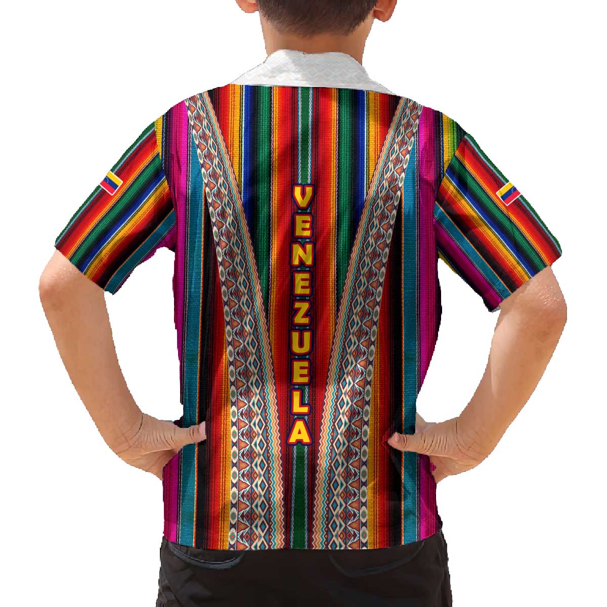 Venezuela Family Matching Off The Shoulder Long Sleeve Dress and Hawaiian Shirt with Andean Multicolor Woven Textile Stripe Spirit
