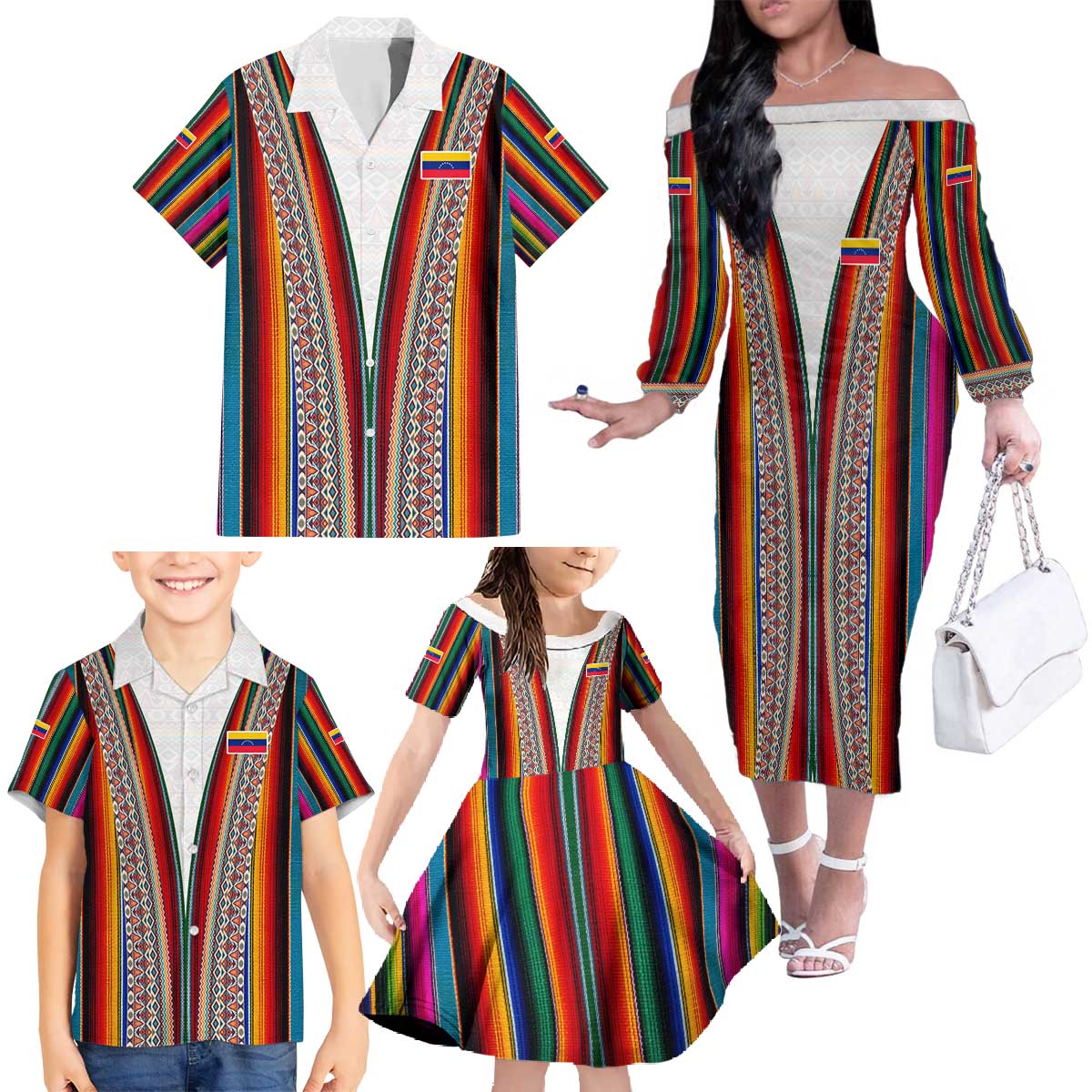 Venezuela Family Matching Off The Shoulder Long Sleeve Dress and Hawaiian Shirt with Andean Multicolor Woven Textile Stripe Spirit