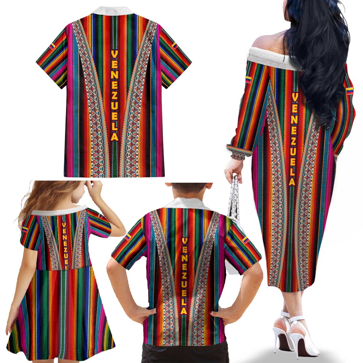 Venezuela Family Matching Off The Shoulder Long Sleeve Dress and Hawaiian Shirt with Andean Multicolor Woven Textile Stripe Spirit