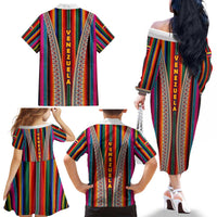 Venezuela Family Matching Off The Shoulder Long Sleeve Dress and Hawaiian Shirt with Andean Multicolor Woven Textile Stripe Spirit