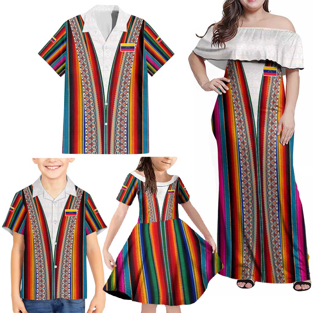 Venezuela Family Matching Off Shoulder Maxi Dress and Hawaiian Shirt with Andean Multicolor Woven Textile Stripe Spirit