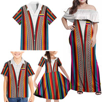 Venezuela Family Matching Off Shoulder Maxi Dress and Hawaiian Shirt with Andean Multicolor Woven Textile Stripe Spirit